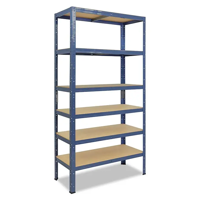 shelfplaza Schwerlastregal HOME - H x B x T: 180 x 75 x 40 cm, Traglast pro Boden: 175 kg, Anzahl Böden: 6 Stk., Stecken, blau - Blaues Metallregal mit sechs Holzablagen zur Lagerung.