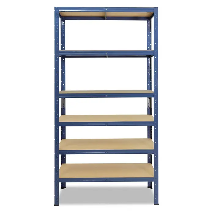 shelfplaza Schwerlastregal HOME - H x B x T: 180 x 75 x 40 cm, Traglast pro Boden: 175 kg, Anzahl Böden: 6 Stk., Stecken, blau - Stabiles blaues Metallregal mit fünf verstellbaren hellbraunen Holzböden.