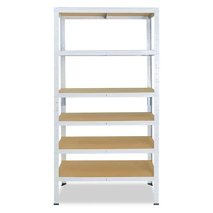 shelfplaza Schwerlastregal HOME - H x B x T: 155 x 70 x 50 cm, Traglast pro Boden: 175 kg, Anzahl Böden: 6 Stk., Stecken, weiß - Weißes Metallregal mit mehreren hellbraunen Holzregalböden, ideal zur Aufbewahrung.