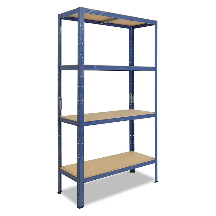 shelfplaza Schwerlastregal HOME - H x B x T: 155 x 45 x 50 cm, Traglast pro Boden: 175 kg, Stecken, blau - Blaues Metallregal mit vier hellbraunen Holzablagen, zur Aufbewahrung.