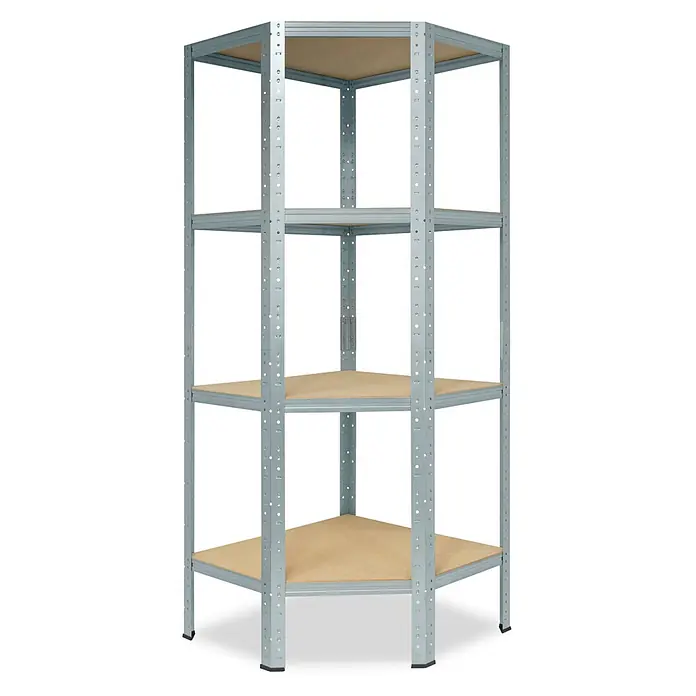 shelfplaza Schwerlastregal HOME - H x B x T: 155 x 70 x 45 cm, Traglast pro Boden: 175 kg, Stecken, verzinkt - Graues Eckregal aus Metall mit vier hellbraunen Holzablagen.