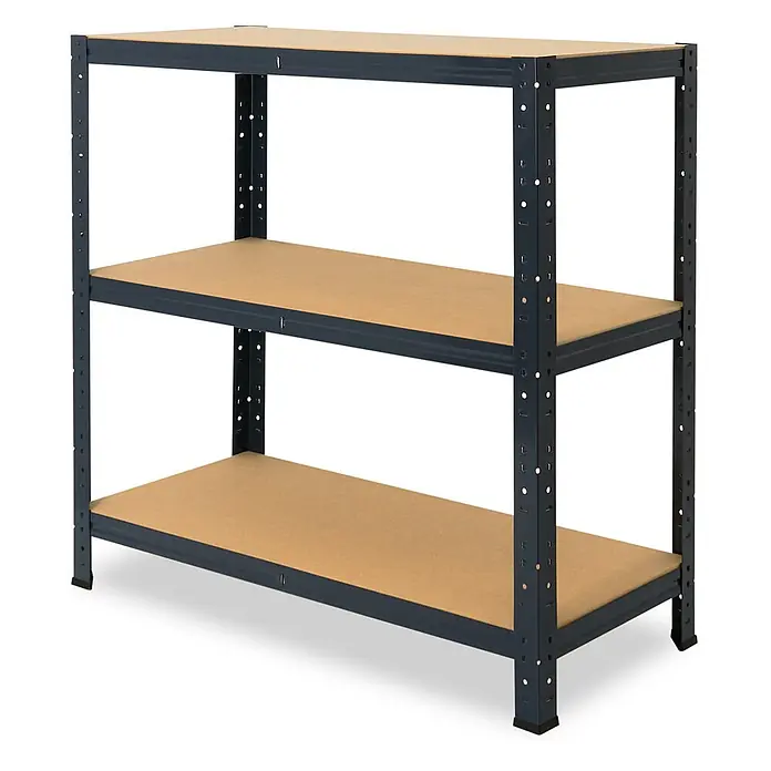 shelfplaza Schwerlastregal HOME - H x B x T: 100 x 100 x 30 cm, Traglast pro Boden: 175 kg, Stecken, anthrazit - Dreistöckiges dunkelgraues Metallregal mit hellbraunen Holzregalböden.