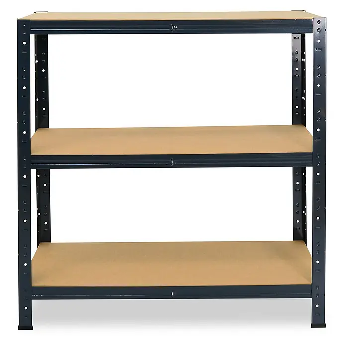 shelfplaza Schwerlastregal HOME - H x B x T: 100 x 100 x 30 cm, Traglast pro Boden: 175 kg, Stecken, anthrazit - Dreistöckiges Metallregal mit dunkelgrauem Rahmen und hellbraunen Holzbrettern.