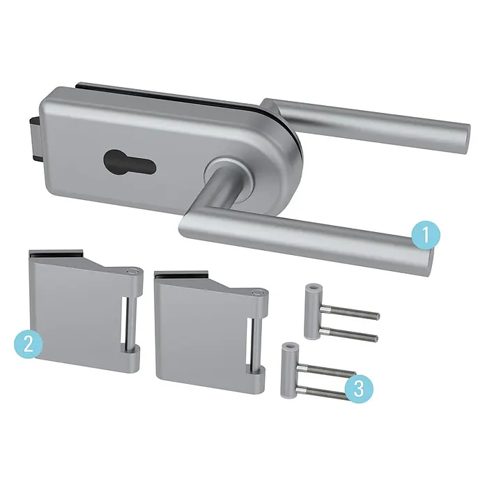 Diamond Doors Glastürbeschlag Sky PZ - Aluminium EV1, Bandbohrung/Bänder: Office 3-teilig, Verschließbar - Silberfarbenes Glastürschloss-Set mit Hebelgriffen, zwei Glasklemmen und Verbindungsschrauben. Zur sicheren Montage an Glastüren.