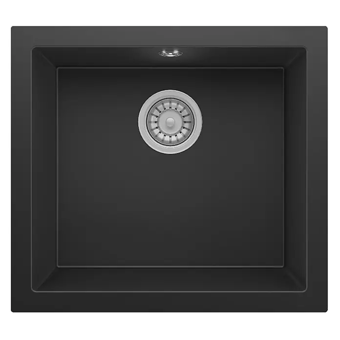 Respekta Einbauspüle Nelson - 52 x 47 cm, Verbundwerkstoff, Schwarz - Schwarze Küchenspüle mit Edelstahl-Ablaufgarnitur.