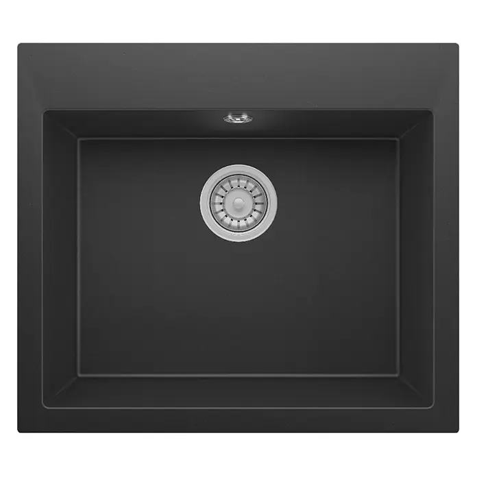 Respekta Einbauspüle Oakville - 60 x 53 cm, Verbundwerkstoff, Schwarz - Dunkelgraues Spülbecken mit Edelstahl-Abfluss.