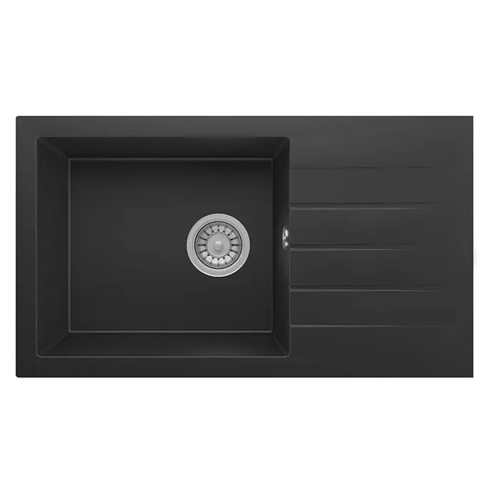 Respekta Einbauspüle Almonto - 76 x 43,5 cm, Verbundwerkstoff, Schwarz - Schwarze Küchenspüle mit einem Einzelbecken, einem silbernen Abfluss und einer integrierten geriffelten Abtropffläche rechts.
