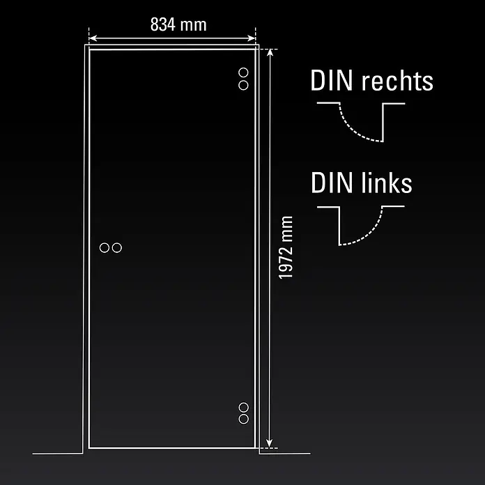 Diamond Doors Glasdrehtür Grey - 834 x 1.972 mm, DIN Anschlag: Links/Rechts, Klarglas - Technische Zeichnung eines Türrahmens mit den Maßen 834 mm (Breite) und 1972 mm (Höhe), inklusive DIN rechts und DIN links Anschlagrichtungen.