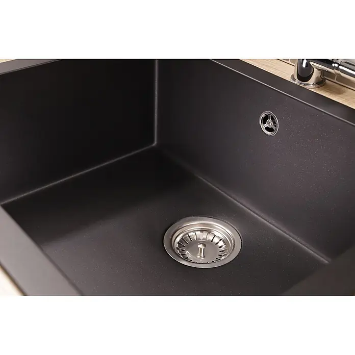 Respekta Einbauspüle Nelson - 60 x 47,5 cm, Verbundwerkstoff, Schwarz - Schwarze Granit-Küchenspüle mit metallischem Abfluss und Überlauf.