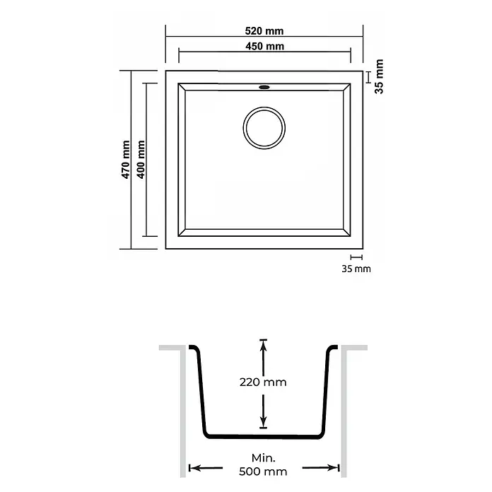 Respekta Einbauspüle Nelson - 52 x 47 cm, Verbundwerkstoff, Schwarz - Rechteckiges Spülbecken mit Gesamtmaßen 520x470 mm, Becken 450x400 mm und 220 mm Tiefe.