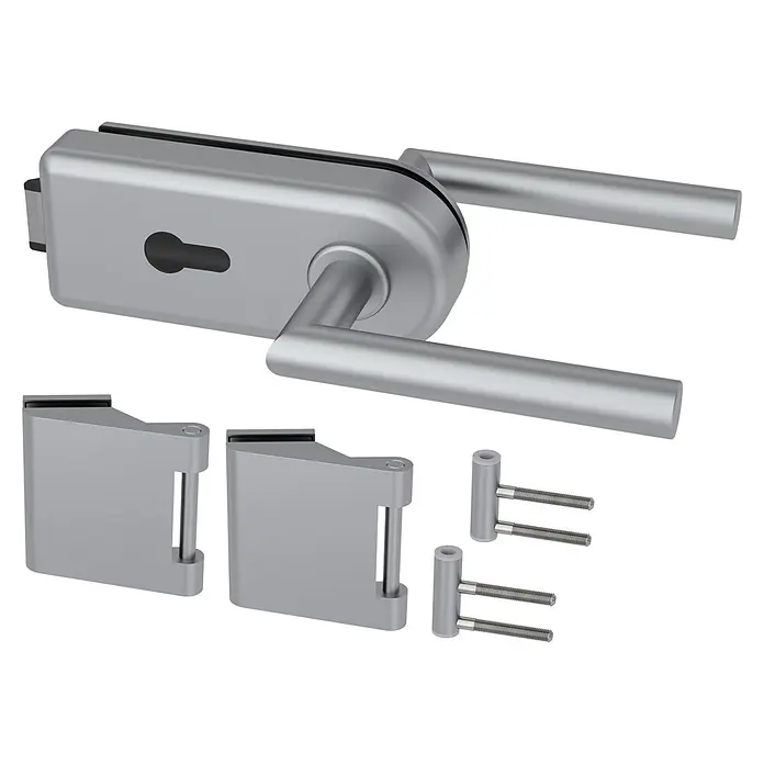 Diamond Doors Glastürbeschlag Sky PZ - Aluminium EV1, Bandbohrung/Bänder: Office 3-teilig, Verschließbar - Set aus silberfarbenen Metall-Glastürbeschlägen: Schloss mit Griffen, zwei Bändern und zwei Bandbolzen.