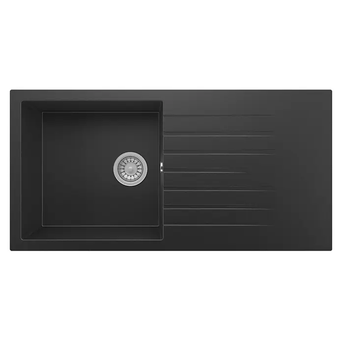 Respekta Einbauspüle Almonto - 100 x 50 cm, Verbundwerkstoff, Schwarz - Schwarze Granitspüle mit Einzelbecken und integrierter Abtropffläche.