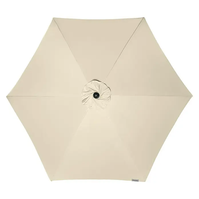 Doppler Active Marktschirm rund Auto Tilt - Natur, Durchmesser Bespannung: 280 cm - Draufsicht auf einen cremefarbenen Sonnenschirm mit sechs Segmenten und einem zentralen Knopf.