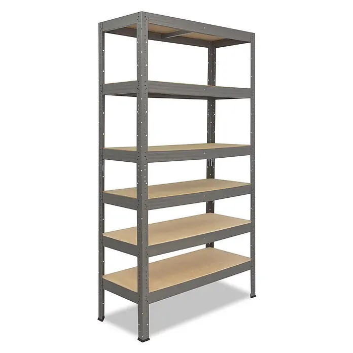 shelfplaza Schwerlastregal PRO - H x B x T: 230 x 30 x 45 cm, Traglast pro Boden: 200 kg, Stecken, grau - Graues Metallregal mit sechs hellbraunen Holzablagen zur Aufbewahrung.