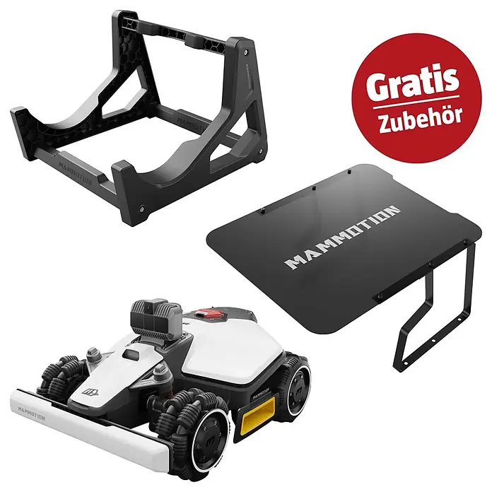 Mammotion Mähroboter-Set Luba Mini AWD LiDAR 1500 - 1.500 m², Schnittbreite: 20 cm, Kamera-gestützte Navigation, LiDAR - MAMMITION Roboter mit omnidirektionalen Rädern, schwarzer Ständer und Zubehörabdeckung. Gratis Zubehör enthalten.