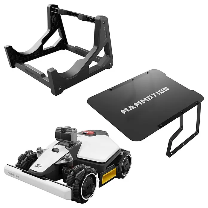 Mammotion Mähroboter-Set Luba Mini AWD LiDAR 1500 - 1.500 m², Schnittbreite: 20 cm, Kamera-gestützte Navigation, LiDAR - Weiß-schwarzer MAMMITION Roboter mit omnidirektionalen Rädern, schwarzer sechseckiger Ladestation und schwarzer flacher Schutzabdeckung.