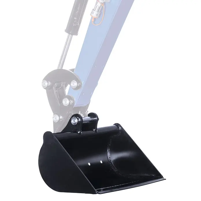 Scheppach Böschungslöffel - Breite: 500 mm, Passend für: Scheppach Minibagger EXC1400 - Schwarze Baggerschaufel, an einem Baggerarm befestigt.