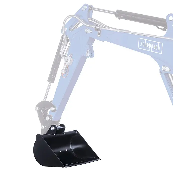 Scheppach Böschungslöffel - Breite: 500 mm, Passend für: Scheppach Minibagger EXC1400 - Schwarzer Metall-Baggerlöffel, an einem Baggerarm befestigt.