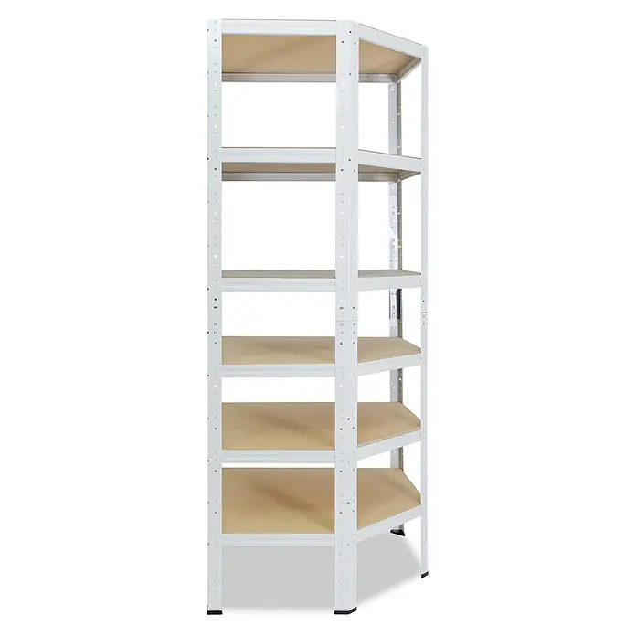 shelfplaza Schwerlastregal HOME - H x B x T: 230 x 90 x 60 cm, Traglast pro Boden: 175 kg, Anzahl Böden: 6 Stk., Stecken, weiß - Weißes Metallregal mit fünf hellbraunen Holzablagen.