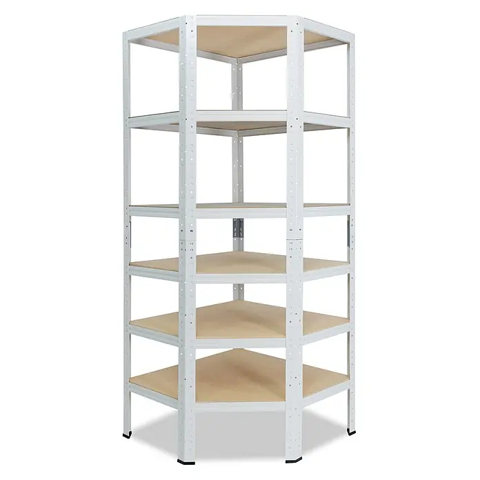 shelfplaza Schwerlastregal HOME - H x B x T: 230 x 90 x 60 cm, Traglast pro Boden: 175 kg, Anzahl Böden: 6 Stk., Stecken, weiß - Weißes Eckregal aus Metall mit sechs hellbraunen, verstellbaren Holzablagen.