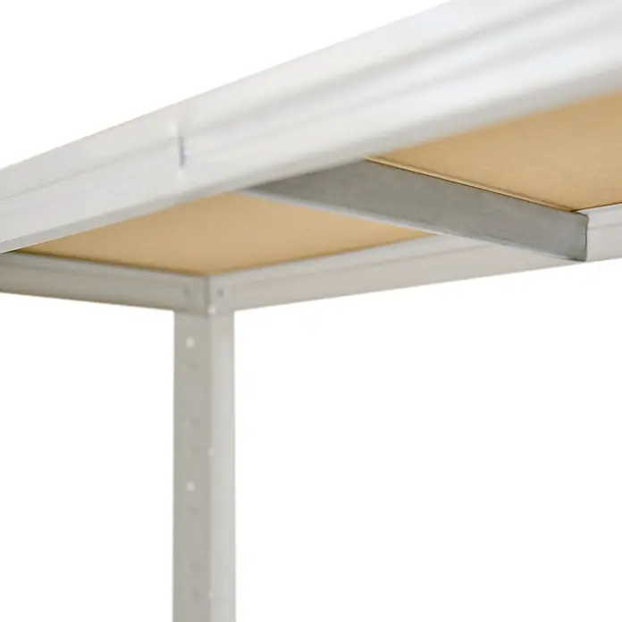 shelfplaza Schwerlastregal HOME - H x B x T: 190 x 80 x 60 cm, Traglast pro Boden: 175 kg, Stecken, weiß - Unterseite eines Metallregals mit grauem Rahmen und brauner Holzplatte, mit Metallstütze.