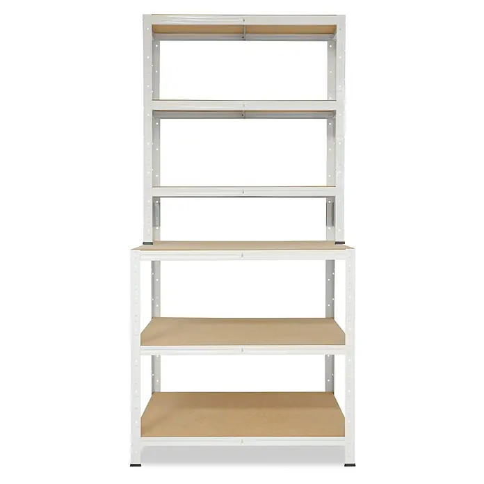 shelfplaza Schwerlastregal HOME - H x B x T: 190 x 80 x 60 cm, Traglast pro Boden: 175 kg, Stecken, weiß - Weißes Schwerlastregal aus Metall mit braunen Holzregalböden zur Aufbewahrung.