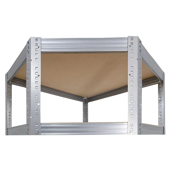 shelfplaza Schwerlastregal PRO - H x B x T: 230 x 90 x 60 cm, Traglast pro Boden: 200 kg, Stecken, verzinkt - Verzinktes Metallregal mit braunen Holzplatten, von unten gesehen.