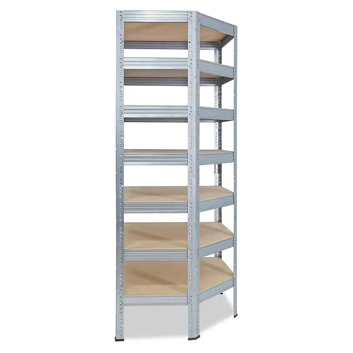 shelfplaza Schwerlastregal PRO - H x B x T: 230 x 90 x 60 cm, Traglast pro Boden: 200 kg, Stecken, verzinkt - Silbernes Metallregal mit sechs hellbraunen Holzablagen für Lagerzwecke.