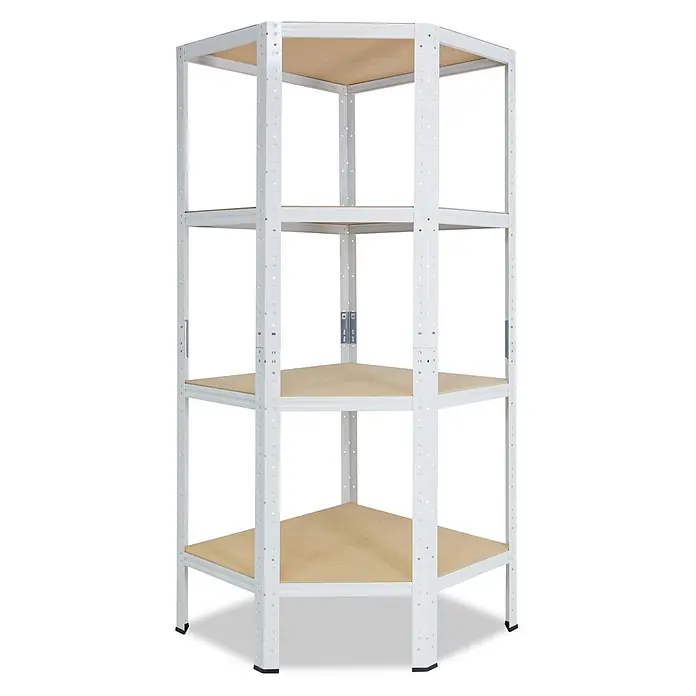 shelfplaza Schwerlastregal HOME - H x B x T: 155 x 90 x 60 cm, Traglast pro Boden: 175 kg, Anzahl Böden: 4 Stk., Stecken, weiß - Weißes Eckregal aus Metall mit vier hellbraunen MDF-Böden.