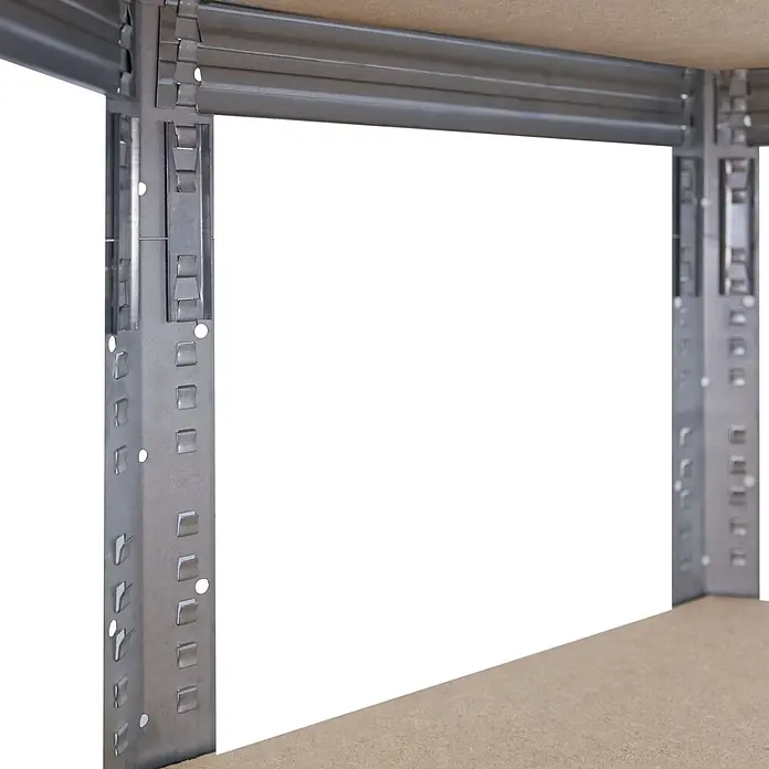 shelfplaza Schwerlastregal PRO - H x B x T: 230 x 90 x 60 cm, Traglast pro Boden: 200 kg, Stecken, verzinkt - Metallregalecke mit MDF-Böden, zeigt die Steckmontage.