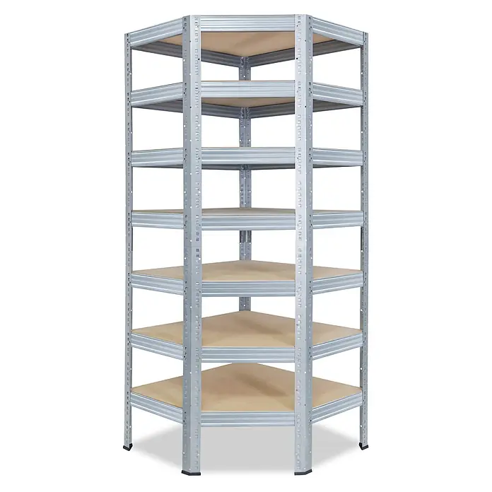 shelfplaza Schwerlastregal PRO - H x B x T: 230 x 90 x 60 cm, Traglast pro Boden: 200 kg, Stecken, verzinkt - Eckregal mit sechs Ebenen, verzinktem Metallrahmen und hellen Holzablagen.