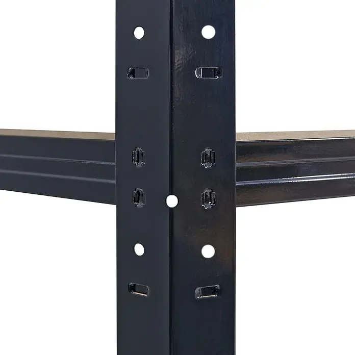 shelfplaza Schwerlastregal BLACK - H x B x T: 180 x 80 x 50 cm, Traglast pro Boden: 175 kg, Stecken, schwarz - Schwarze Metallregalteile: verbundene Pfosten mit Schlitz- und Rundlöchern, sowie Querstreben mit sichtbarer heller Regalplatte.