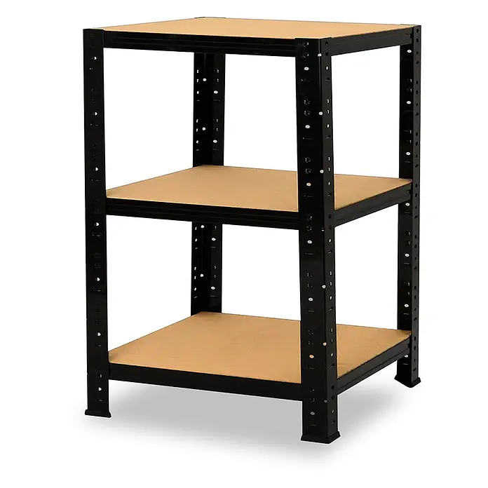 shelfplaza Schwerlastregal BLACK - H x B x T: 90 x 45 x 45 cm, Traglast pro Boden: 175 kg, Stecken, schwarz - Dreistöckiges schwarzes Metallregal mit braunen Holzregalböden.