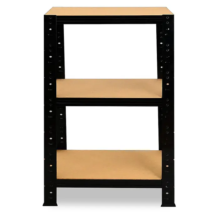 shelfplaza Schwerlastregal BLACK - H x B x T: 90 x 45 x 45 cm, Traglast pro Boden: 175 kg, Stecken, schwarz - Schwarzes Metallregal mit drei hellbraunen Holzablagen.