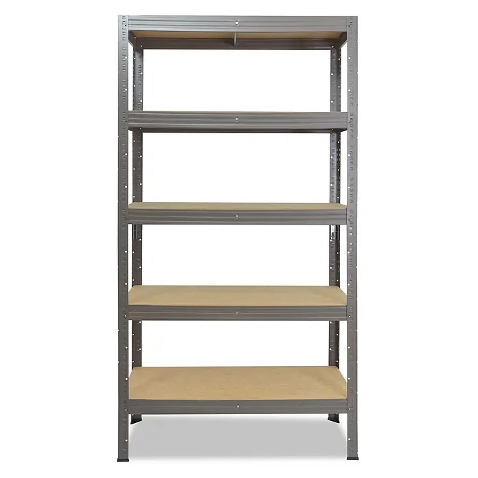 shelfplaza Schwerlastregal PRO - H x B x T: 200 x 120 x 50 cm, Traglast pro Boden: 200 kg, Anzahl Böden: 5 Stk., Stecken, grau - Graues Metallregal mit fünf hellbraunen Holzregalböden.