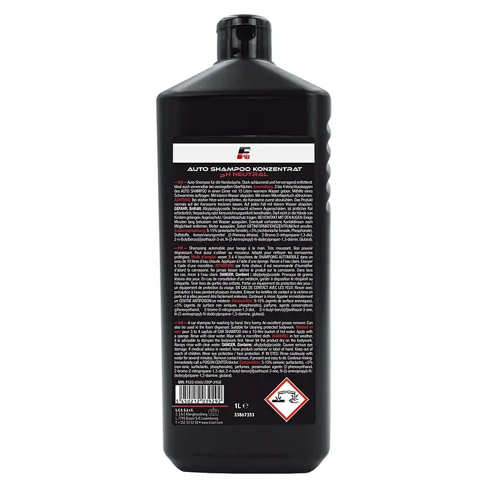 F18 Auto-Shampoo Konzentrat - 1 l - Schwarze Plastikflasche konzentriertes Autoshampoo.