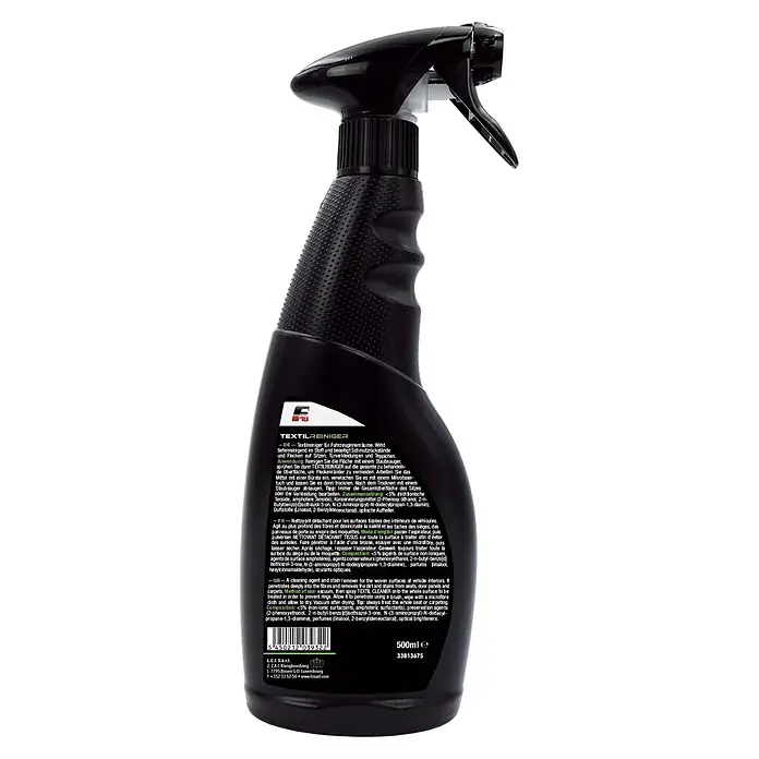 F18 Textilreiniger - 500 ml - Schwarze ergonomische Sprühflasche Textilreiniger für Fahrzeuginnenräume, mit strukturierter Grifffläche und Sprühkopf.