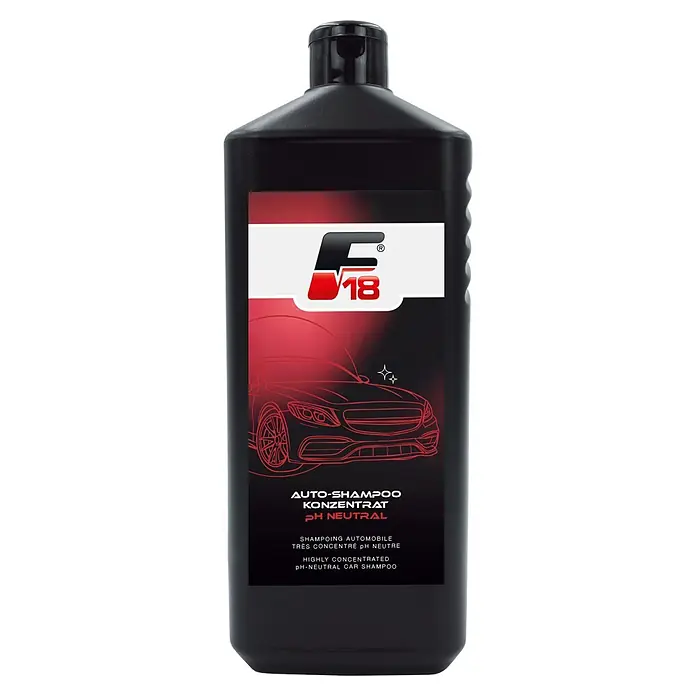 F18 Auto-Shampoo Konzentrat - 1 l - Schwarze Flasche F V18 pH-neutrales Autoshampoo Konzentrat mit rot-schwarzem Etikett.