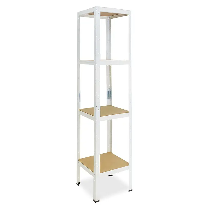 shelfplaza Schwerlastregal HOME - H x B x T: 155 x 30 x 30 cm, Traglast pro Boden: 175 kg, Stecken, weiß - Weißes Metallregal mit mehreren hellbraunen Regalböden.