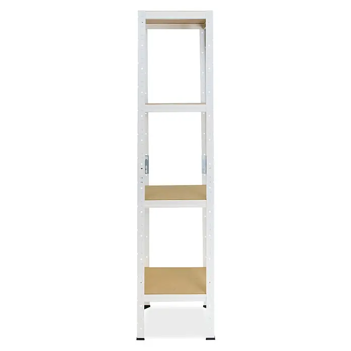 shelfplaza Schwerlastregal HOME - H x B x T: 155 x 30 x 30 cm, Traglast pro Boden: 175 kg, Stecken, weiß - Weißes Metallregal mit vier braunen Ablagen zur Aufbewahrung.