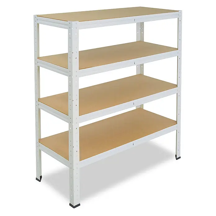 shelfplaza Schwerlastregal HOME - H x B x T: 115 x 100 x 50 cm, Traglast pro Boden: 175 kg, Anzahl Böden: 4 Stk., Stecken, weiß - Weißes Metallregal mit vier hellbraunen Holzablagen.