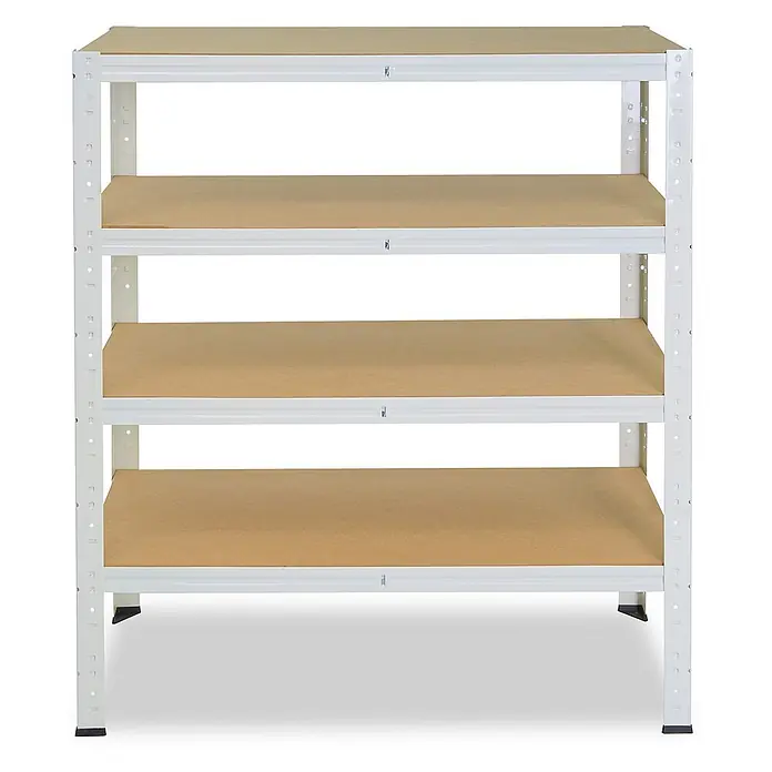 shelfplaza Schwerlastregal HOME - H x B x T: 115 x 100 x 50 cm, Traglast pro Boden: 175 kg, Anzahl Böden: 4 Stk., Stecken, weiß - Vierstufiges weißes Metallregal mit hellbraunen Böden für robuste Lagerung.