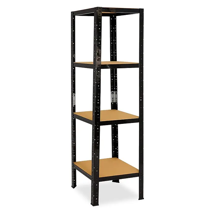 shelfplaza Schwerlastregal BLACK - H x B x T: 180 x 30 x 30 cm, Traglast pro Boden: 175 kg, Stecken, schwarz - Schwarzes Metallregal mit vier hellbraunen Holzablagen.