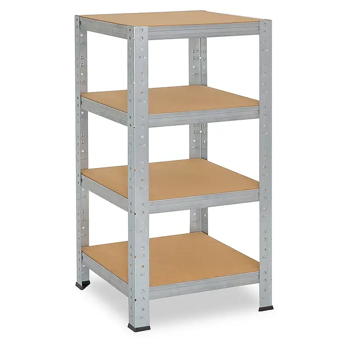 shelfplaza Schwerlastregal HOME - H x B x T: 115 x 40 x 40 cm, Traglast pro Boden: 175 kg, Anzahl Böden: 4 Stk., Stecken, verzinkt - Vierstöckiges Metallregal mit hellbraunen Holzablagen zur Aufbewahrung.