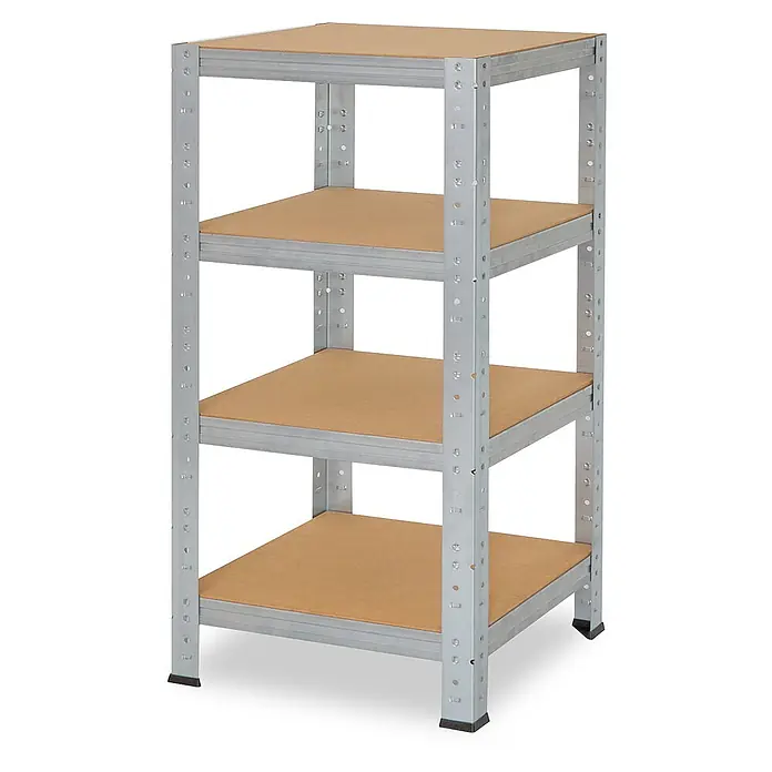 shelfplaza Schwerlastregal HOME - H x B x T: 115 x 40 x 40 cm, Traglast pro Boden: 175 kg, Anzahl Böden: 4 Stk., Stecken, verzinkt - Graues Metallregal mit vier braunen Holzablagen.