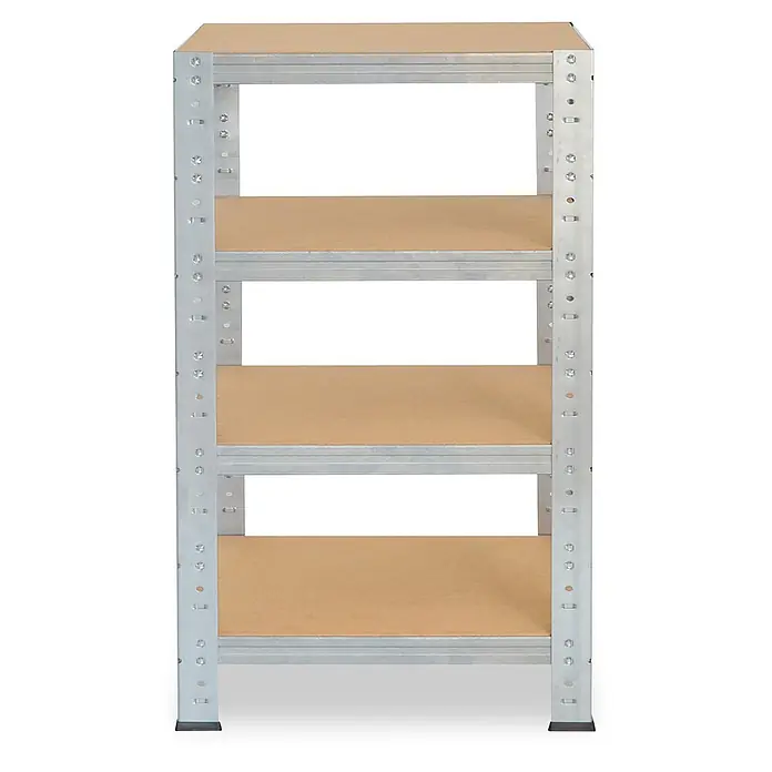 shelfplaza Schwerlastregal HOME - H x B x T: 115 x 40 x 40 cm, Traglast pro Boden: 175 kg, Anzahl Böden: 4 Stk., Stecken, verzinkt - Fünfstöckiges Metallregal mit hellbraunen Holzablagen zur Aufbewahrung.