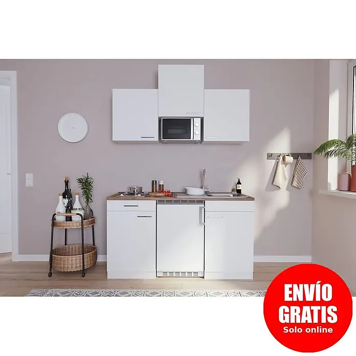 Respekta Cocina compacta Luis - Ancho: 150 cm, Blanco, Con placa de cocina doble, Microondas, Color de la encimera: Nogal - Cocina compacta blanca con encimera de madera, microondas, fregadero y electrodomésticos integrados.