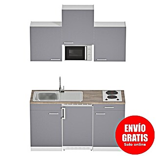 Respekta Cocina compacta Luis (Ancho: 150 cm, Gris, Con placa de cocina doble, Microondas, Color de la encimera: Nogal)