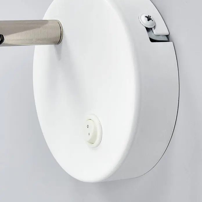 Lindby Wandleuchte Milow - L x B x H: 18 x 10 x 9,6 cm, weiß / opal, weiß / opal - Weiße runde Wandleuchtenbasis mit gebürstetem Metallarm und integriertem Kippschalter.