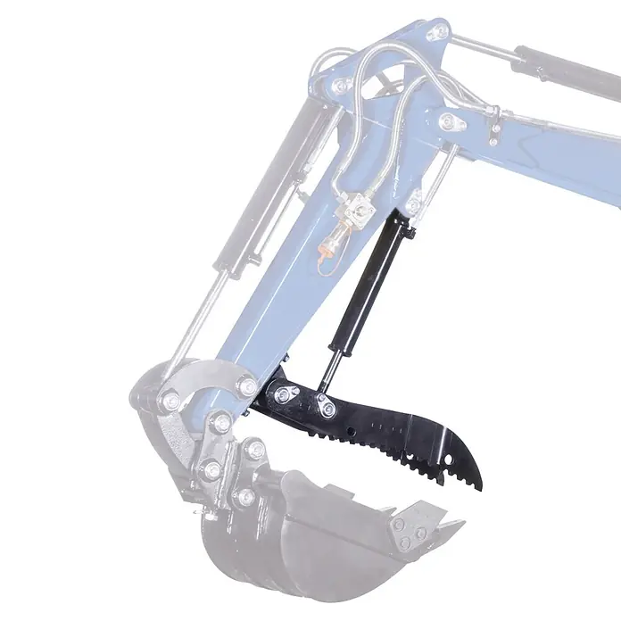 Scheppach Baggerdaumen inkl. Haltekralle - Stahl, Passend für: Scheppach Minibagger EXC1400, Mit Hydraulik - Schwarzer hydraulischer Daumengreifer am Baggerarm, über der Schaufel positioniert.